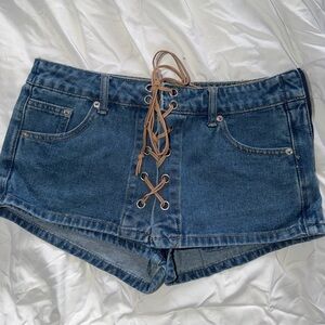 Edikted Blue Lace-Up Jean Shorts